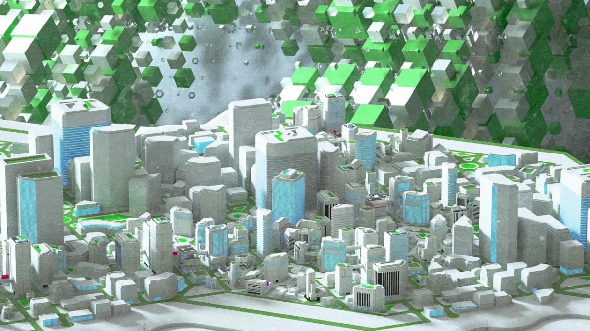 Source Images: Andriy Onufriyenko/Getty Images A digital model rendering of a city-scape.